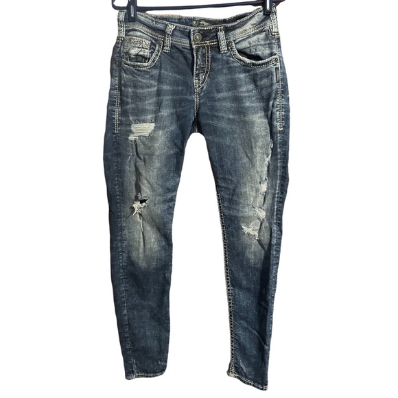 Silver Jeans Denim - Silver Womens Boyfriend Super Stretch Distressed Straight Leg Jeans Size 28x29